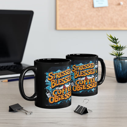Stressed Blessed & Coffee Obsessed Print,  11 oz. Insulated Travel Mug, Motivational Mug, Gift for Coffee Lovers, Fitness Mug, Inspirational Drinkware