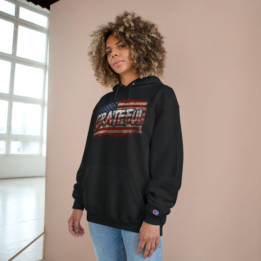 Champion Hoodie - Grateful American Flag - Red White Blue Backdrop