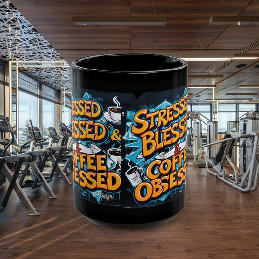 Stressed Blessed & Coffee Obsessed Print,  11 oz. Insulated Travel Mug, Motivational Mug, Gift for Coffee Lovers, Fitness Mug, Inspirational Drinkware