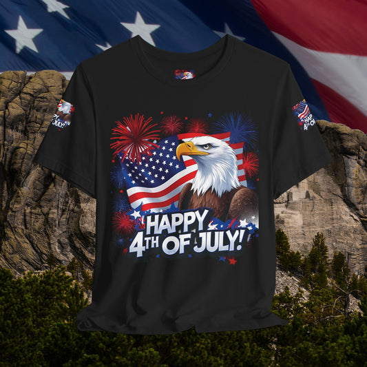 Happy 4th of July,  Print Design, Unisex T-Shirt, Patriotic Print Design, Independence Day Shirt, Red White Blue Shirt, USA Tee Gift, Gift For Her, Gift For Him, American Flag, Bald Eagle