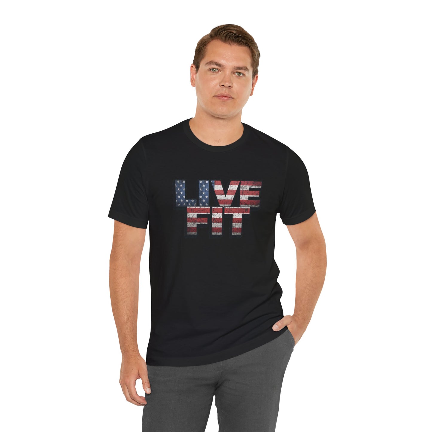 LIVE FIT Patriotic T-Shirt - American Flag Red White Blue - Unisex Fitness Tee