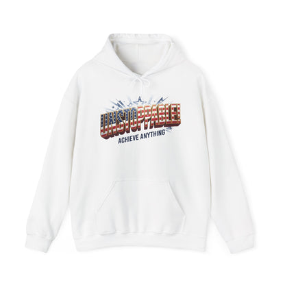 A white pullover hoodie with a graphic on the chest that reads 'UNBOUNDED' in an American flag pattern and 'ACHIEVE ANYTHING' underneath, displayed on a clean white background.