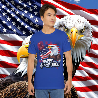 Happy 4th of July,  Print Design, Unisex T-Shirt, Patriotic Print Design, Independence Day Shirt, Red White Blue Shirt, USA Tee Gift, Gift For Her, Gift For Him, American Flag, Bald Eagle