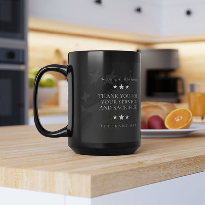 Veterans Day Black Ceramic Mug — "Thank You For Your Service and Sacrifice" Memorial Coffee Cup (11oz, 15oz) - American Flag