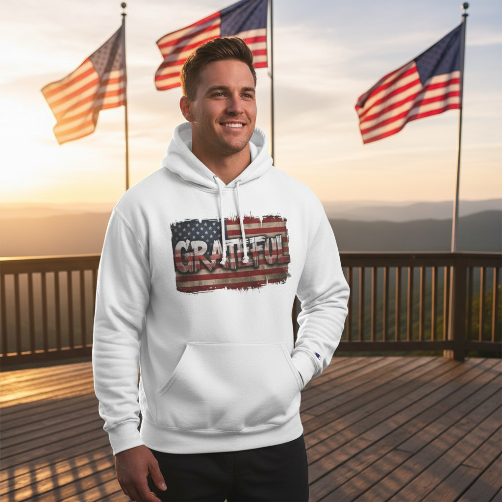 Champion Hoodie - Grateful Vintage American Flag Design - Red White Blue Backdrop - S - 3XL