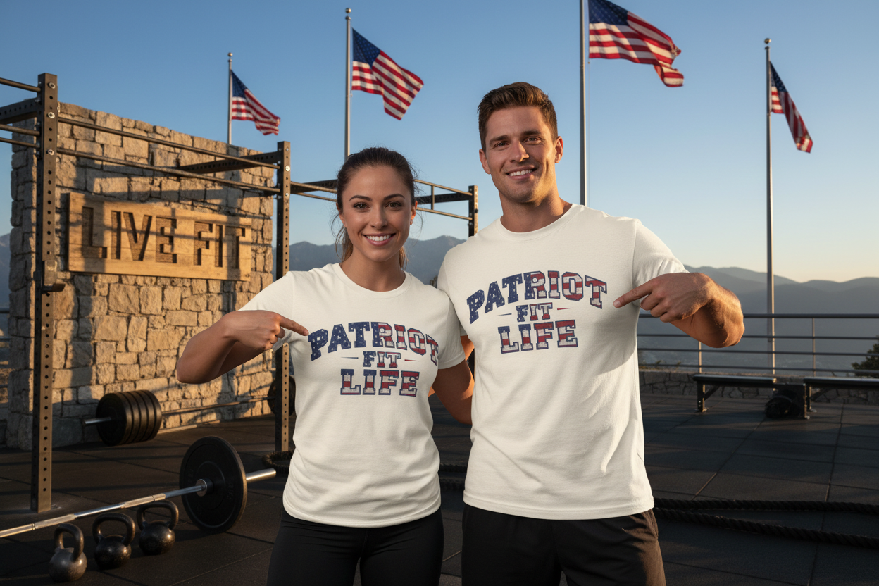 Two people wearing 'Patriot Fit Life' t-shirts in front of a fitness center with American flags in the background.