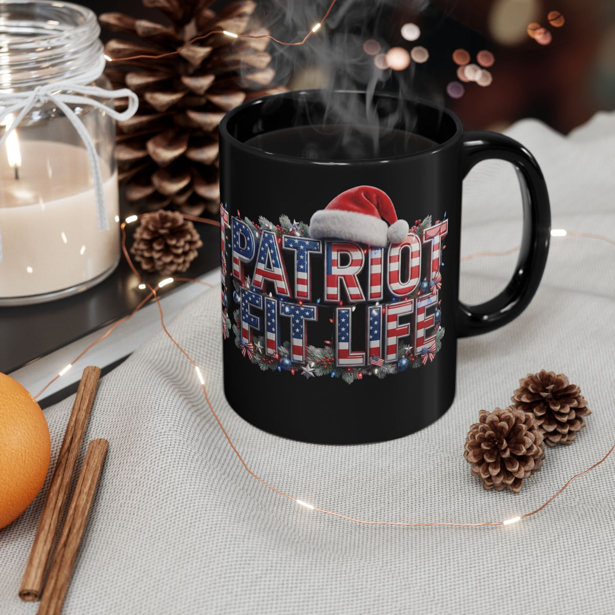 Patriot Fit Life Christmas Coffee Mug - Centered Santa Hat & Ornaments | 11oz & 15oz