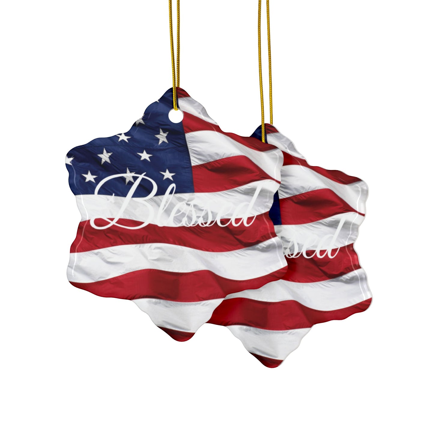 Ceramic Ornaments - White Blessed Print - American Flag Backdrop - Red White & Blue Design (1-10pcs)