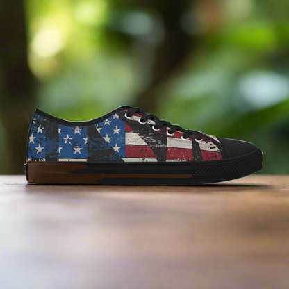 Eye-Catching - All Over Print - USA - Red White & Blue - Low Top Sneakers - Choice of White Sole - or Black Sole