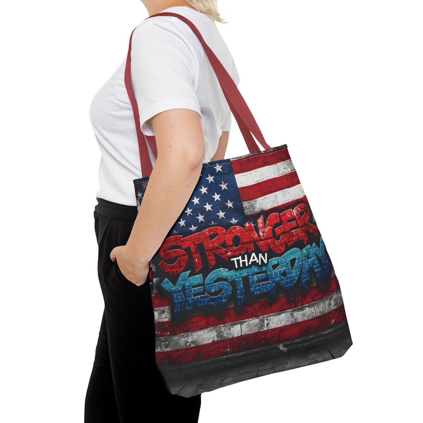 Patriotic Red White Blue Tote Bag - Stronger Than Yesterday - American Flag - Perfect for Fourth of July - Gym - Beach - Shopping - Gifts