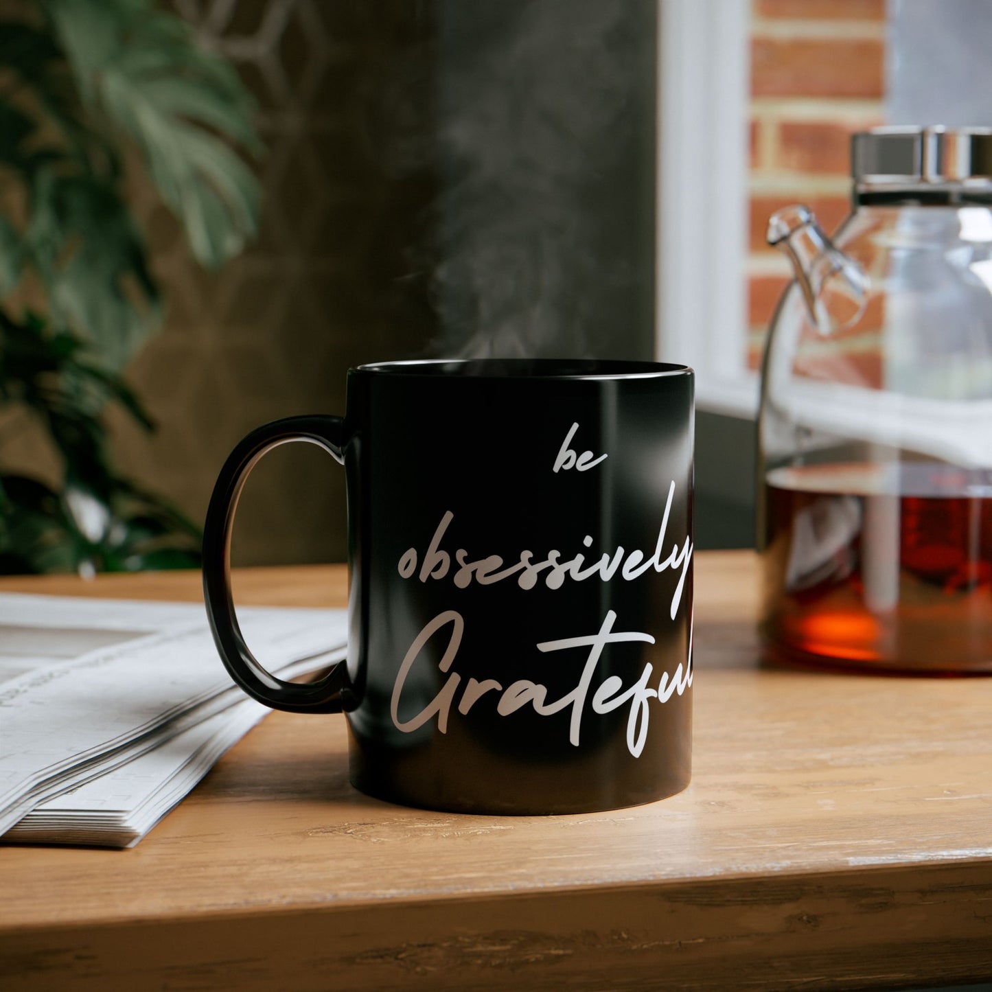 Sleek Be Obsessively Grateful White Print Black Mug - Inspirational Coffee Cup, Gift for Friends, Motivational Design, Home Decor, Self-Care Reminder