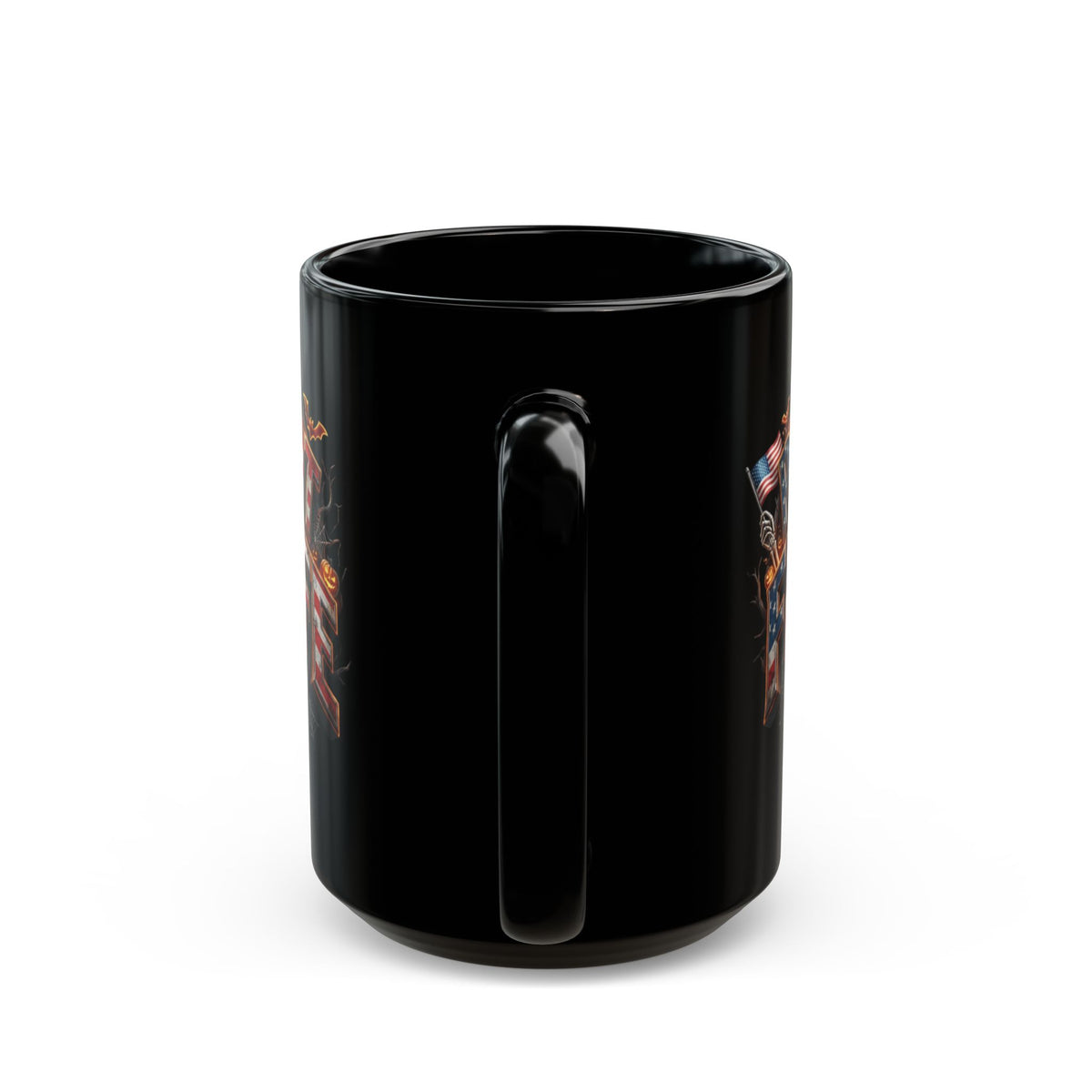 Patriot Fit Life Halloween Black Coffee Mug - Skull Crest Haunted Flag Graphic | 11oz & 15oz