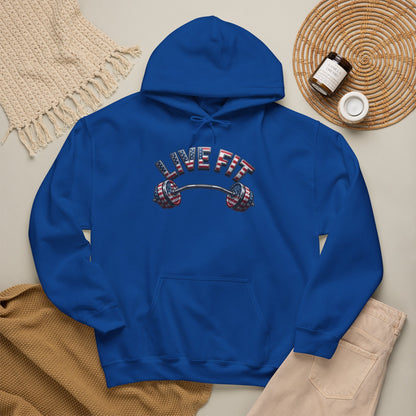 LIVE FIT American Flag Barbell Hoodie | Patriotic Gym Sweatshirt – LIVE FIT
