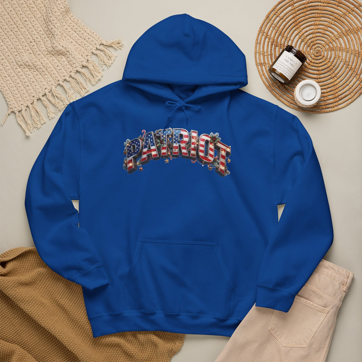 Patriot Christmas Hoodie - Flag Letters with Ornaments | Clean Minimal Graphic | Unisex S-5XL