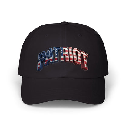 A black baseball cap featuring the word 'PATRIOT' across the front in an arched, 3D style filled with the American flag pattern of red and white stripes and white stars on a blue background.