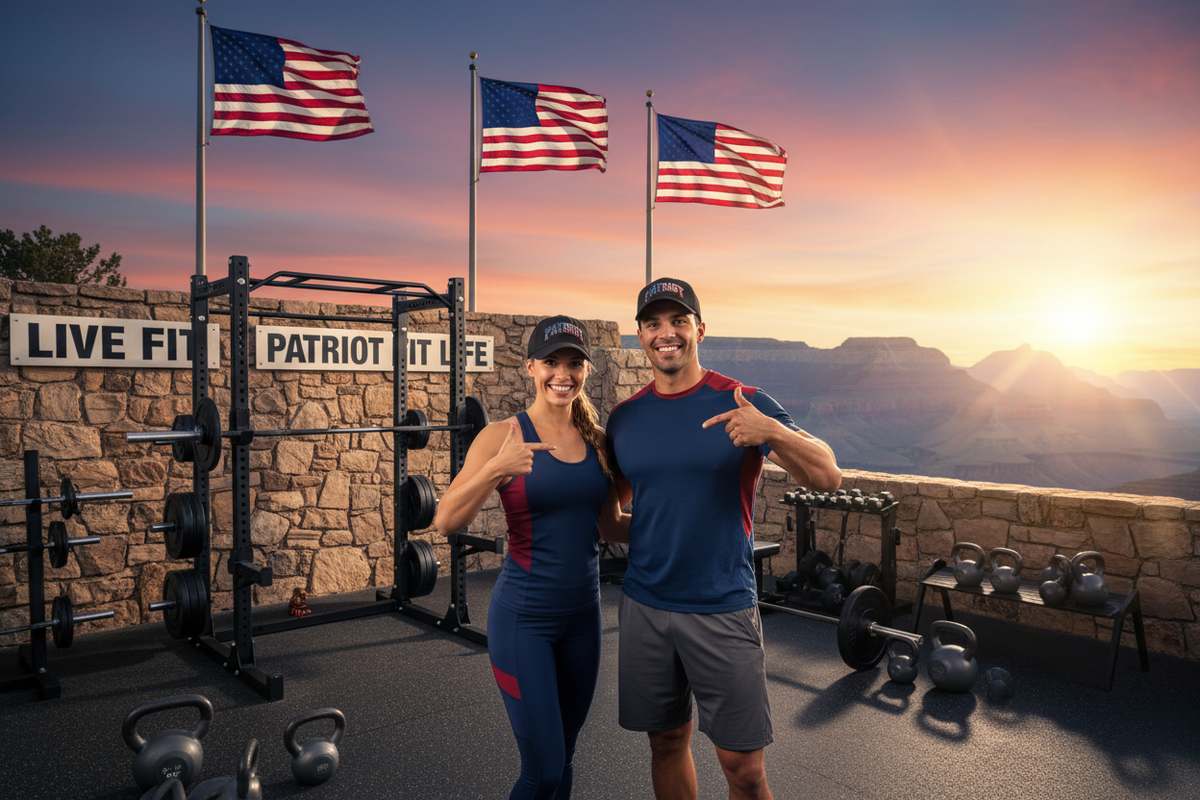 A man and a woman pose together in a fitness gym setting with American flags, a stone wall, and a sunset mountain landscape in the background. The man wears a blue and red athletic shirt and gray shorts, and the woman wears a matching blue and red athletic set.