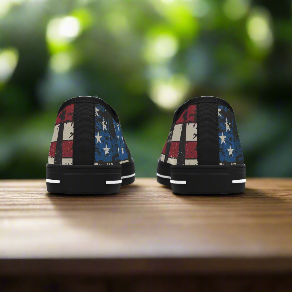 Eye-Catching - All Over Print - USA - Red White & Blue - Low Top Sneakers - Choice of White Sole - or Black Sole