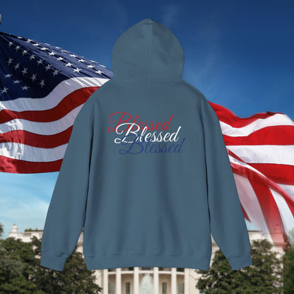 Blessed Hoodie – Patriotic Red, White & Blue Unisex Pullover Sweatshirt with Front & Back Print – Cozy, Positive Vibes Gift