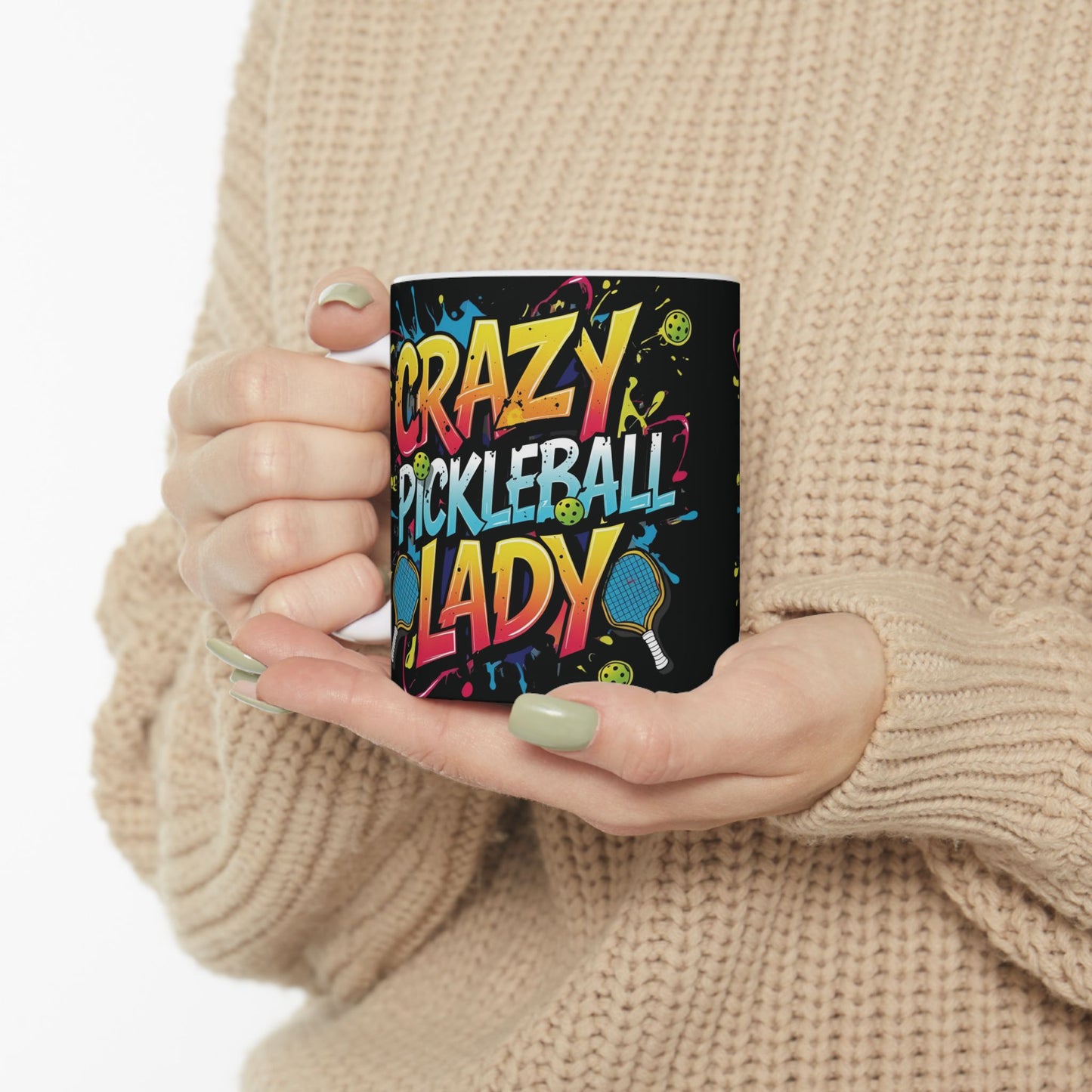 Colorful Crazy Pickleball Lady Mug, 11oz & 15oz, Fun Sports Gift for Pickleball Enthusiasts, Unique Ceramic Coffee Cup, Perfect for Birthdays