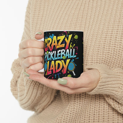 Colorful Crazy Pickleball Lady Mug, 11oz & 15oz, Fun Sports Gift for Pickleball Enthusiasts, Unique Ceramic Coffee Cup, Perfect for Birthdays