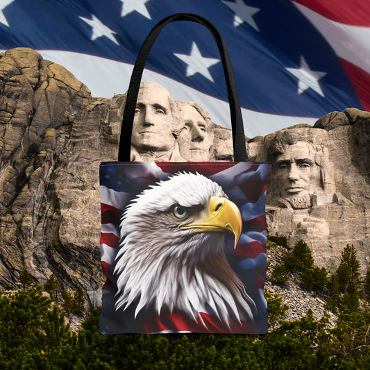 💥 Patriotic 💥 American Flag 💥 Red White & Blue 💥 Bald Eagle Design 💥 Tote Bag   💥 5 Colored Handles To Choose From 💥 3 Sizes 💥 13" x 13"   💥 16" x 16" 💥 18" x 18" 💥