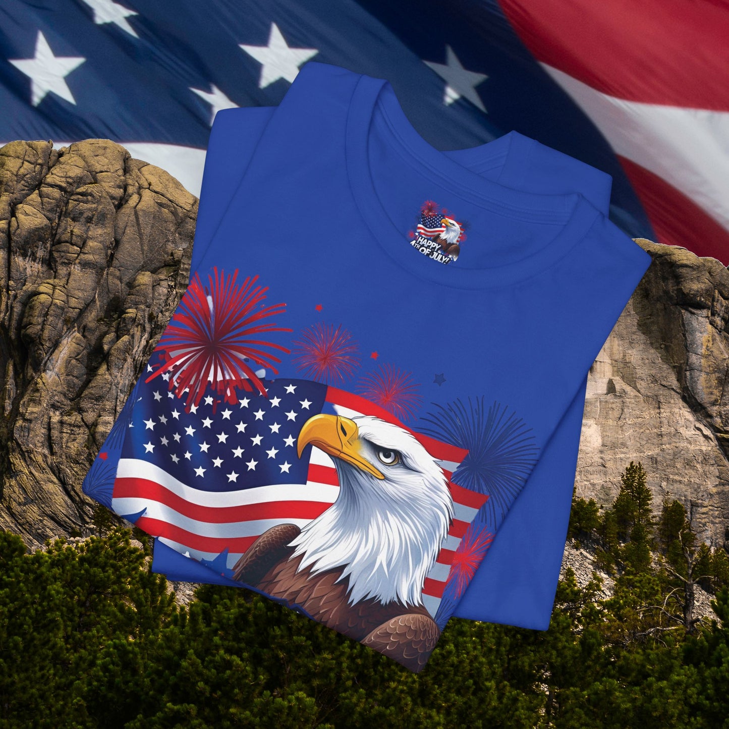 Happy 4th of July,  Print Design, Unisex T-Shirt, Patriotic Print Design, Independence Day Shirt, Red White Blue Shirt, USA Tee Gift, Gift For Her, Gift For Him, American Flag, Bald Eagle