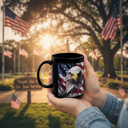 Thank You For Your Service Black Mug - Patriotic American Flag Bald Eagle - 11oz