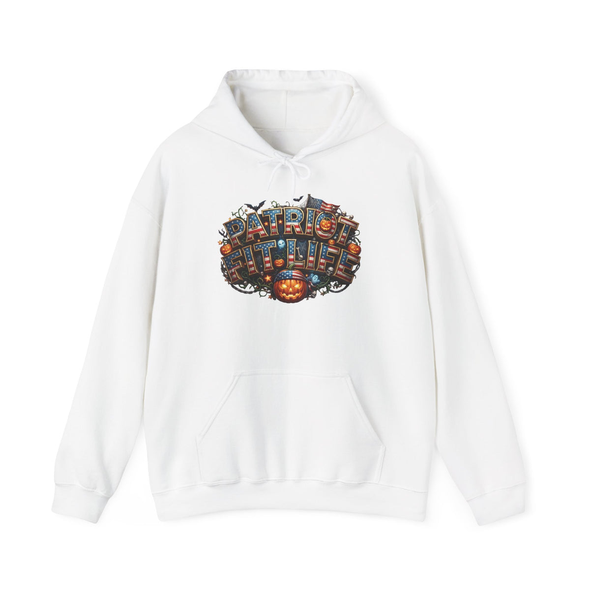 White hoodie with a PATRIOT FIT LIFE Halloween graphic design against a white background.