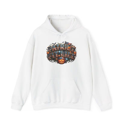 White hoodie with a PATRIOT FIT LIFE Halloween graphic design against a white background.
