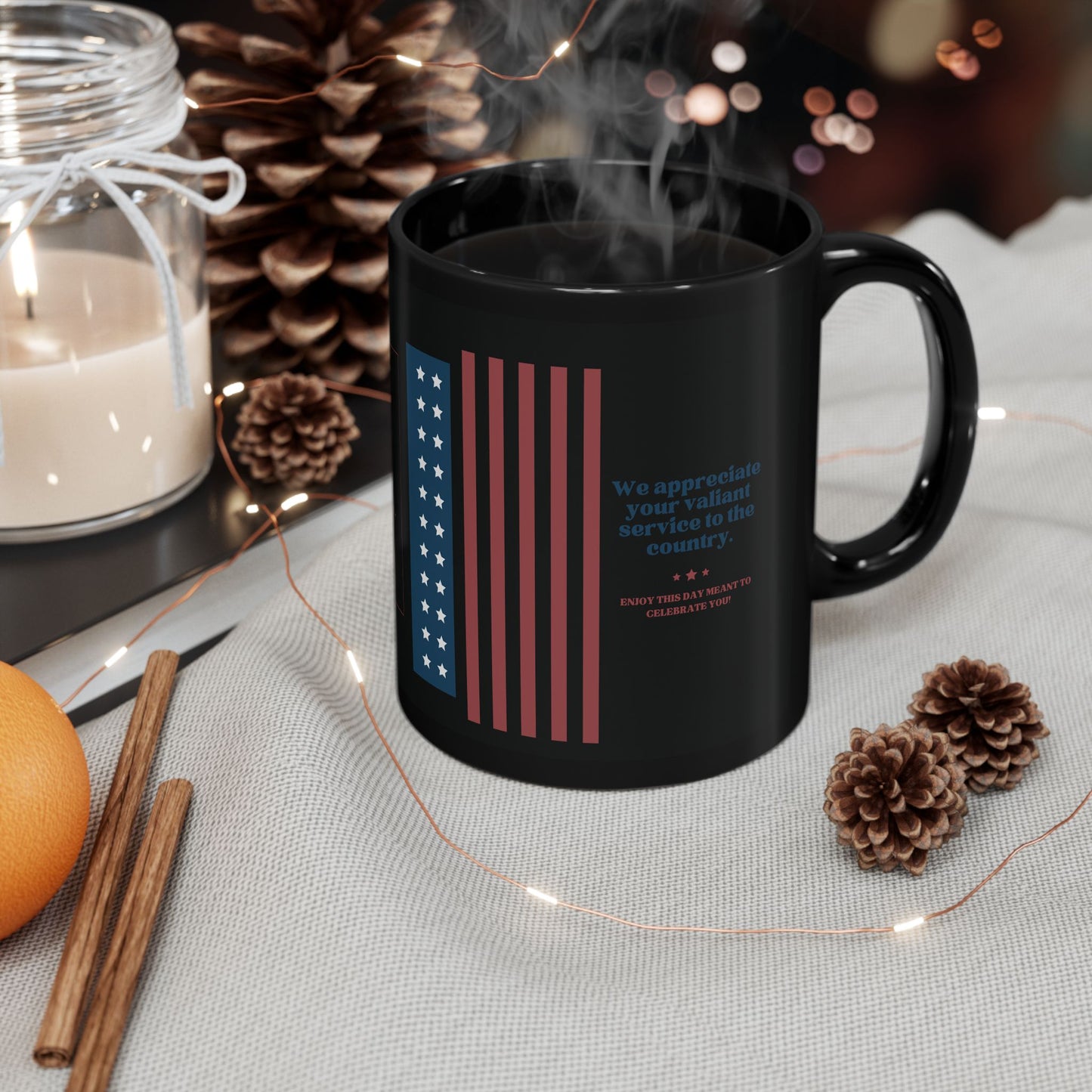 Veteran Appreciation Black Mug — "We appreciate your valiant service to the country" Patriotic Flag Coffee Cup (11oz/15oz)