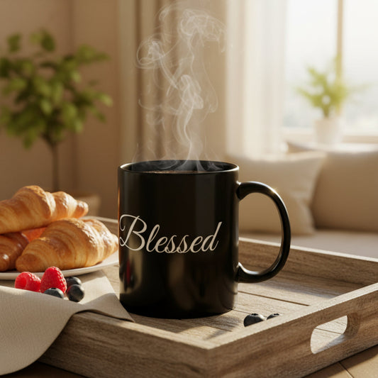 Inspirational - Blessed White Print - Black Ceramic Mug - 11oz & 15oz