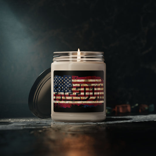 Freedom Scented Soy Candle - Vintage American Flag Red White & Blue Backdrop - Eco-Friendly - 50-60 Hours Burning Time - Reusable Glass Vessel -