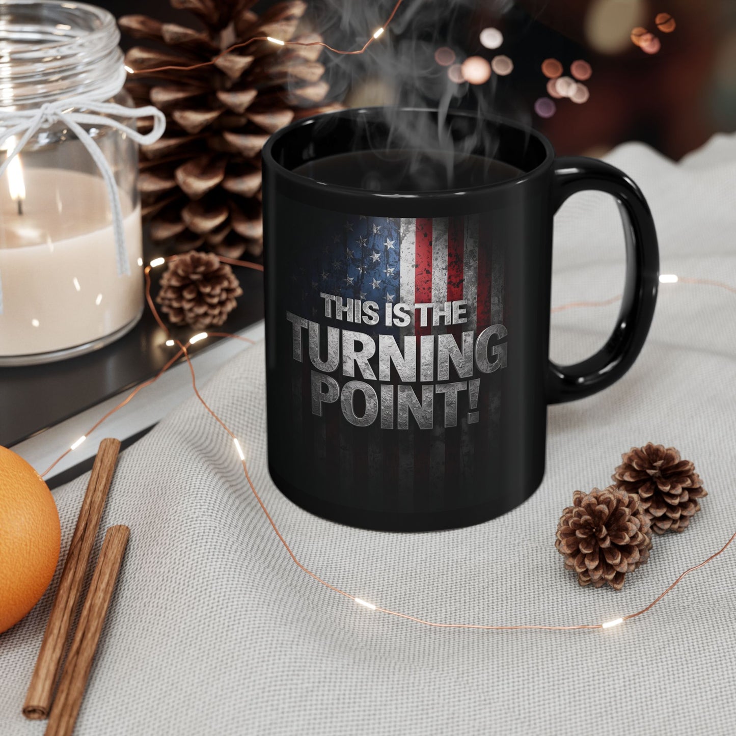 Charlie Kirk - This Is The Turning Point! - American Flag Backdrop - Sleek Black Ceramic Mug - 11oz - 15oz