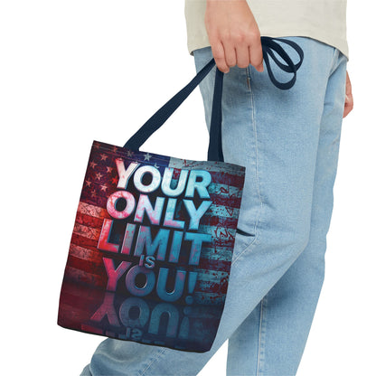 Motivational Tote Bag, Your Only Limit is You!, Inspirational Gift, USA Flag Design, Eco-Friendly Everyday Tote