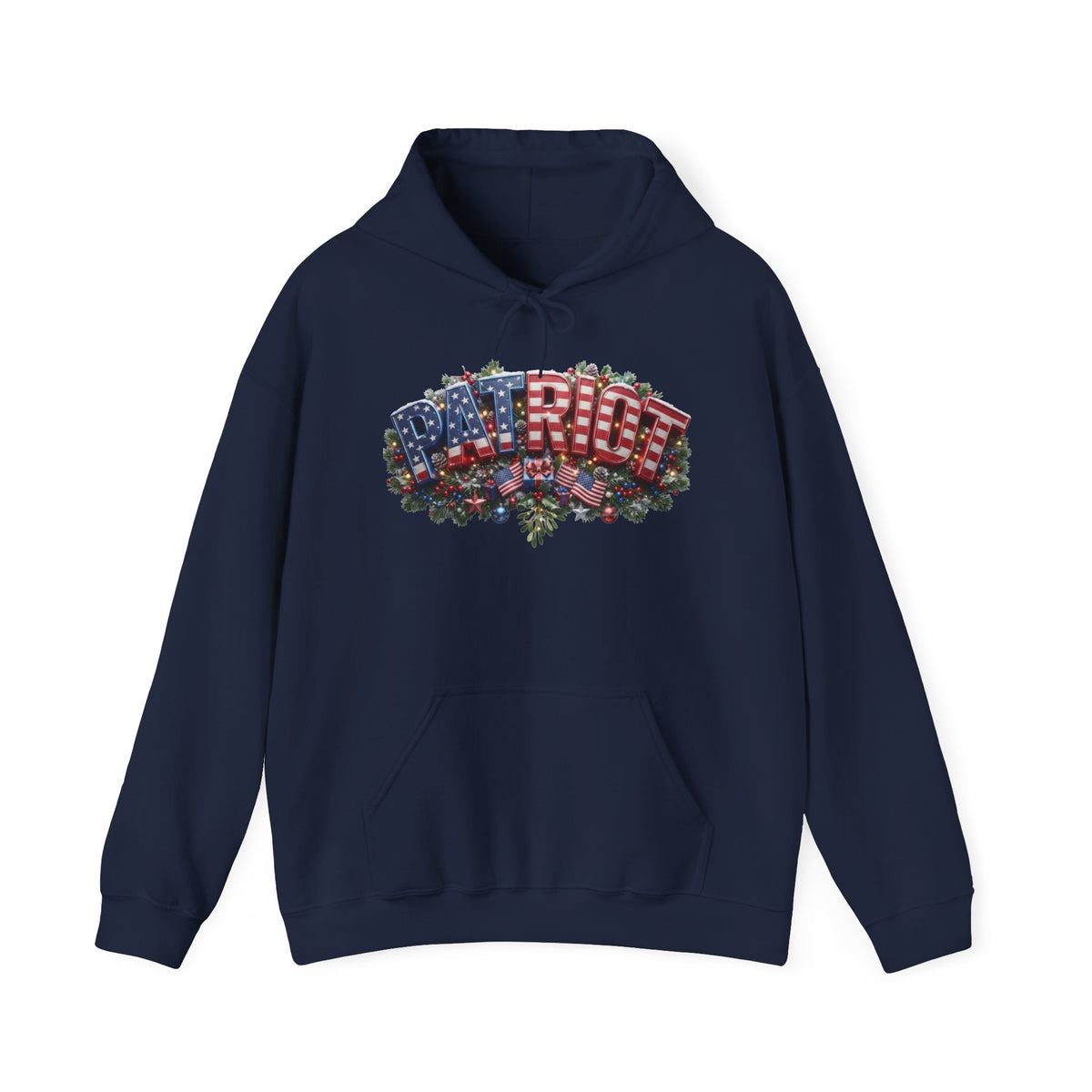 A navy blue hoodie with a colorful Christmas PATRIOT graphic design against a white background.