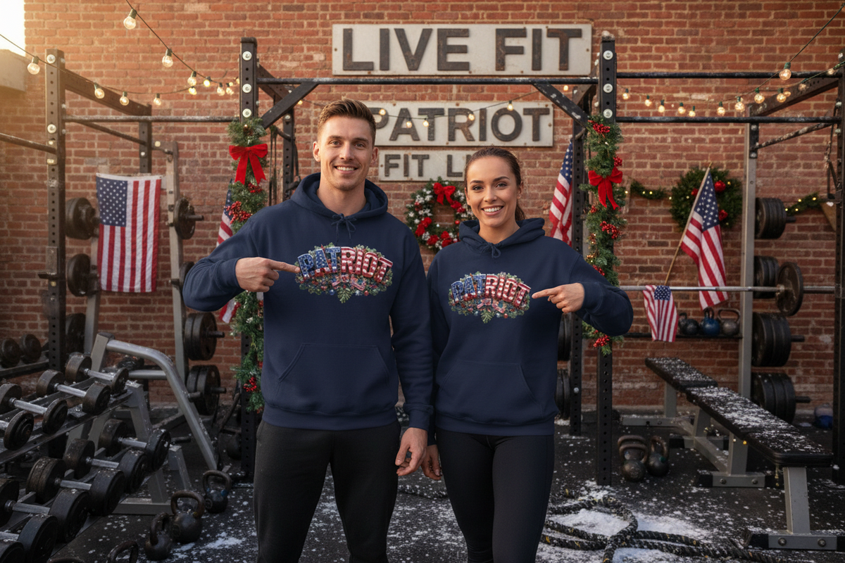 A man and a woman standing in a decorated gym wearing matching navy blue hoodies with a Christmas graphic design that reads 'PATRIOT' surrounded by an American flag and holiday wreath. The background features a Christmas vibe, a brick wall, weight racks, LIVE FIT and PATRIOT FIT LIFE signs, dumbbells, and hanging American flags.