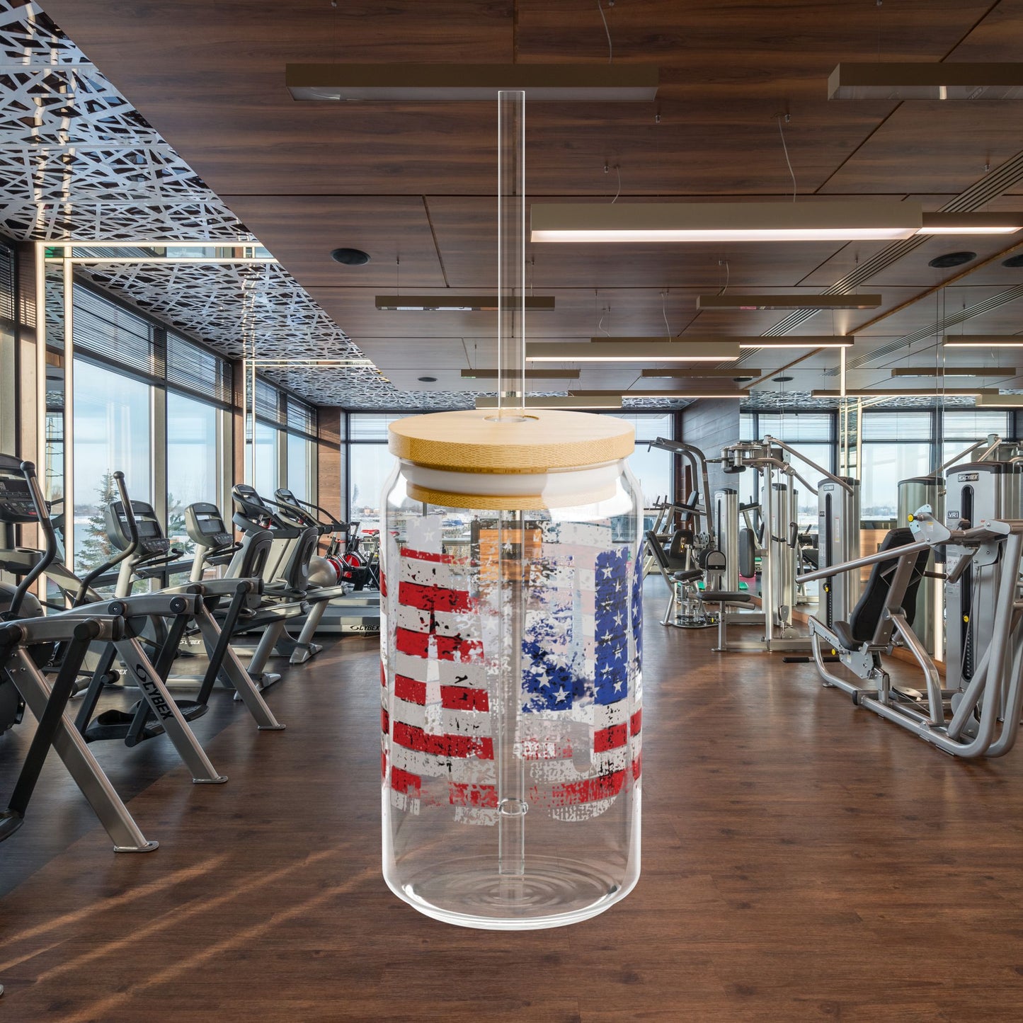 💥 USA Pride 💥 16 oz 💥 Clear 💥 Tempered 💥 Sipper Glass 💥Gasket-Push Bamboo Lid 💥