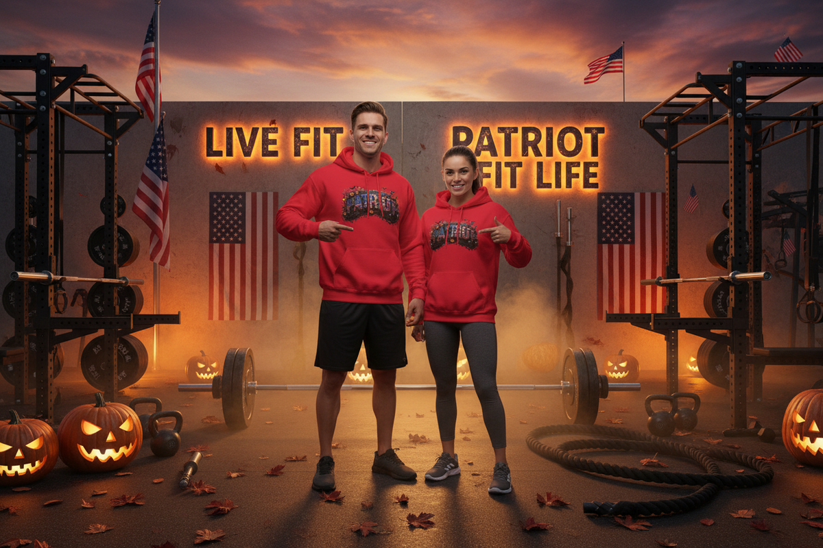A man and a woman stand in a gym wearing matching red hoodies with a Halloween PATRIOT graphic design across the chest. The background features a large sign reading 'LIVE FIT PATRIOT FIT LIFE' with American flags, weight racks, kettlebells, and jack-o'-lanterns on the floor.