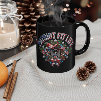 Patriot Fit Life Christmas Coffee Mug - Eagle Wreath with Flags, Lights & Stars Bow | 11oz & 15oz