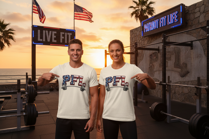 An off-white crewneck t-shirt featuring a graphic of the letters 'PFL' filled with an American flag pattern, overlaid with a barbell design.