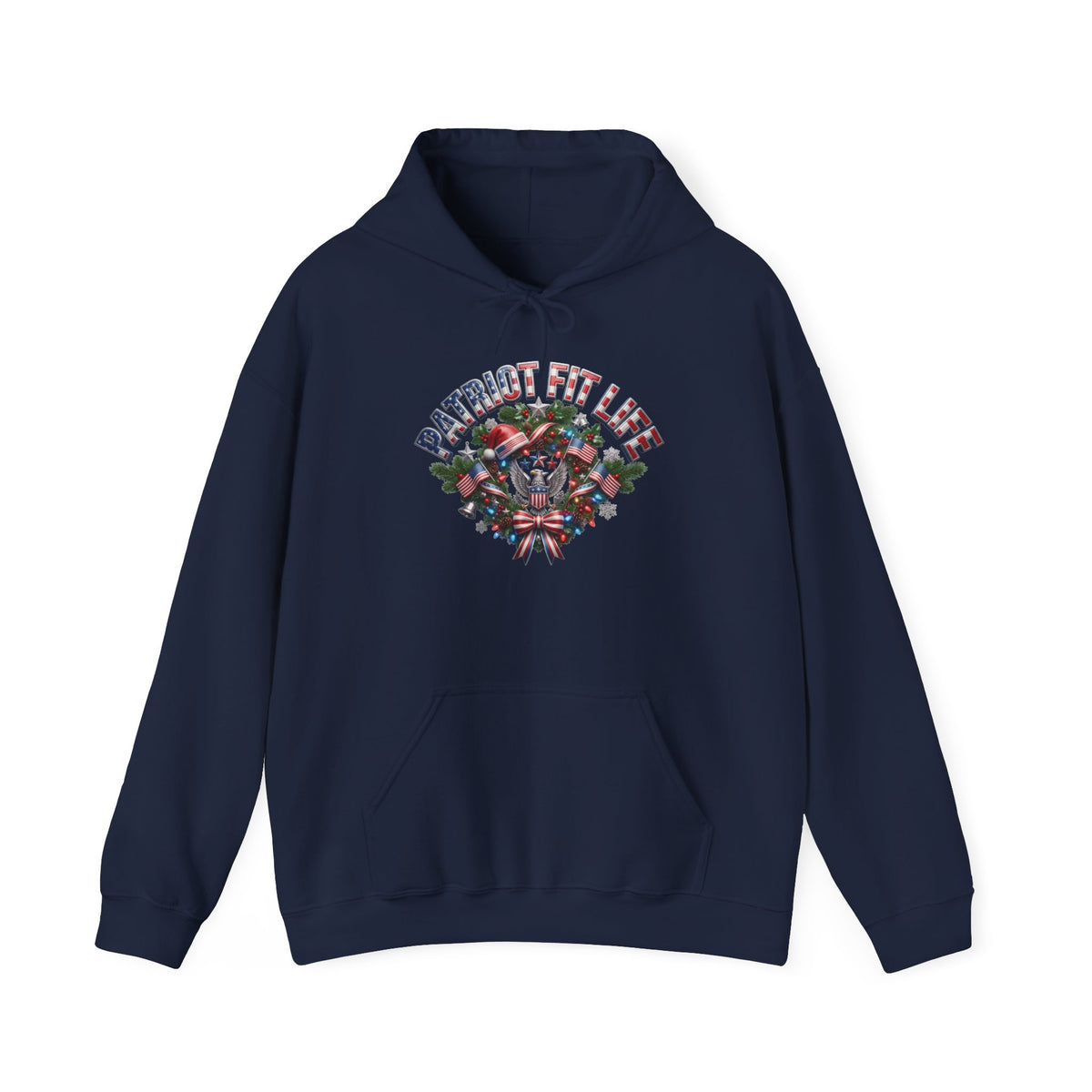Patriot Fit Life Christmas Gym Hoodie - Eagle Barbell Wreath Americana Graphic | Unisex S-5XL