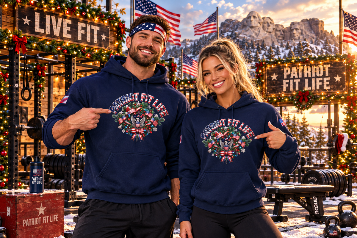 Patriot Fit Life Christmas Gym Hoodie - Eagle Barbell Wreath Americana Graphic | Unisex S-5XL