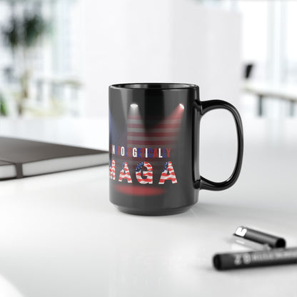 Unapologetically MAGA - Red White Blue - American Flag Spotlight Design - USA Pride - Sleek Black Ceramic Mug - 11oz - 15oz
