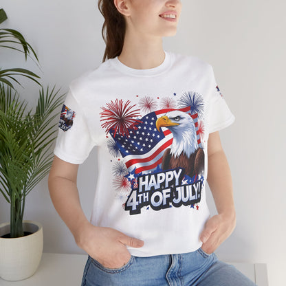 Happy 4th of July,  Print Design, Unisex T-Shirt, Patriotic Print Design, Independence Day Shirt, Red White Blue Shirt, USA Tee Gift, Gift For Her, Gift For Him, American Flag, Bald Eagle