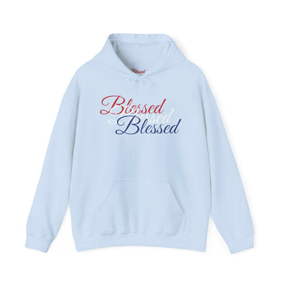 Blessed Hoodie – Patriotic Red, White & Blue Unisex Pullover Sweatshirt with Front & Back Print – Cozy, Positive Vibes Gift