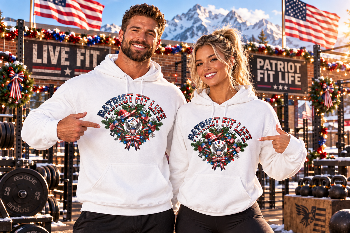 Patriot Fit Life Christmas Gym Hoodie - Eagle Barbell Wreath Americana Graphic | Unisex S-5XL