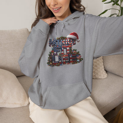 Patriot Fit Life Christmas Hoodie - Three-Line Flag & Garland Design | Unisex S-5XL
