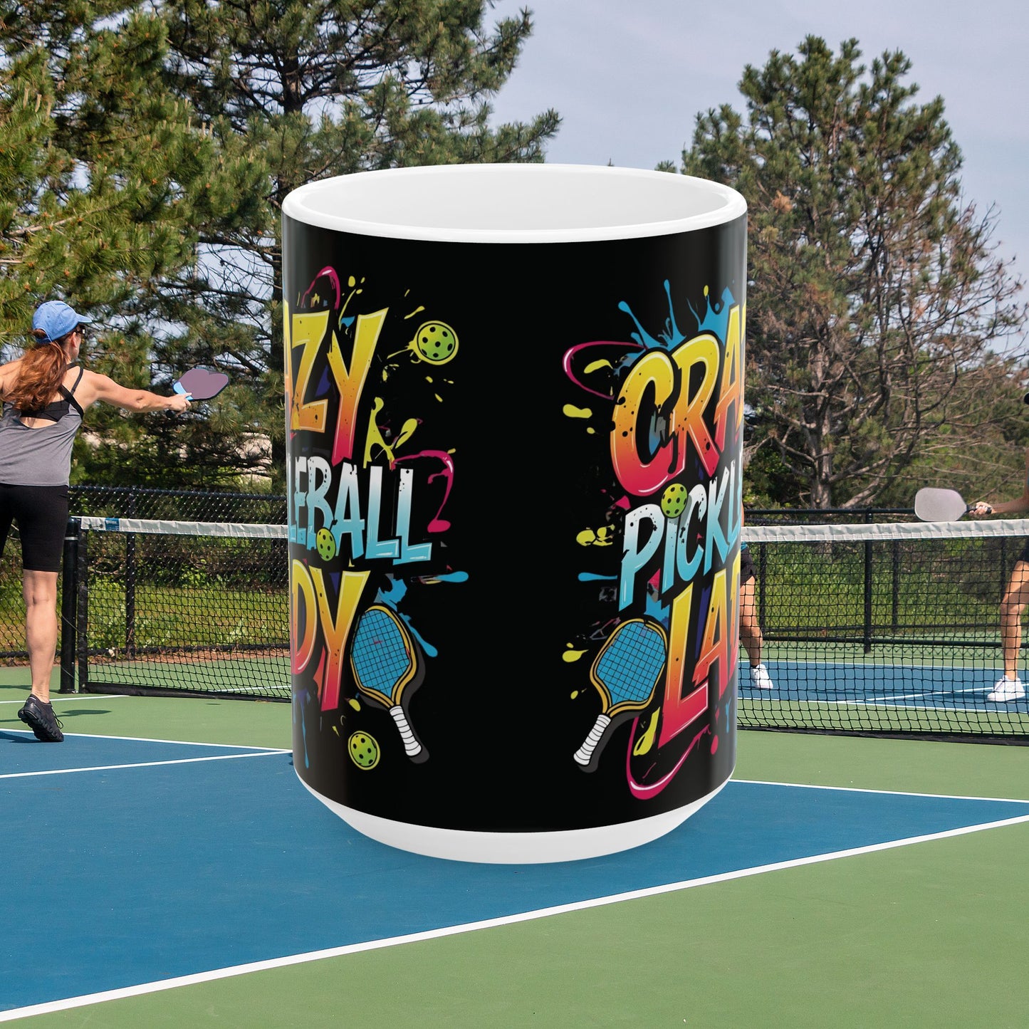 Colorful Crazy Pickleball Lady Mug, 11oz & 15oz, Fun Sports Gift for Pickleball Enthusiasts, Unique Ceramic Coffee Cup, Perfect for Birthdays