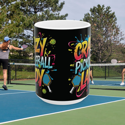 Colorful Crazy Pickleball Lady Mug, 11oz & 15oz, Fun Sports Gift for Pickleball Enthusiasts, Unique Ceramic Coffee Cup, Perfect for Birthdays