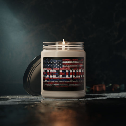 Freedom Scented Soy Candle - Vintage American Flag - Red White & Blue Backdrop - Eco-Friendly - 50-60 Hours Burning Time - Reusable Glass Vessel -
